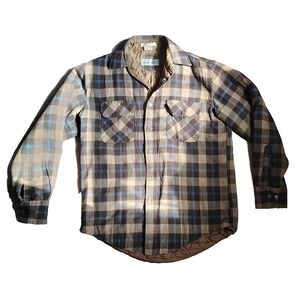 Vtg Windbreaker Flannel Shirt Mens M Plaid‎ Brown Blue Long Sleeve *Read